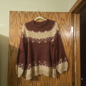 Women's Maroon Crewneck Sweater with Cream Fair Isle Detail